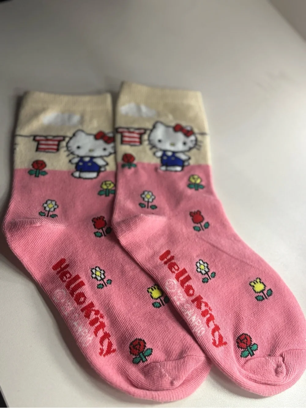 Hello Kitty Pink and Cream Crew Socks with Floral Print